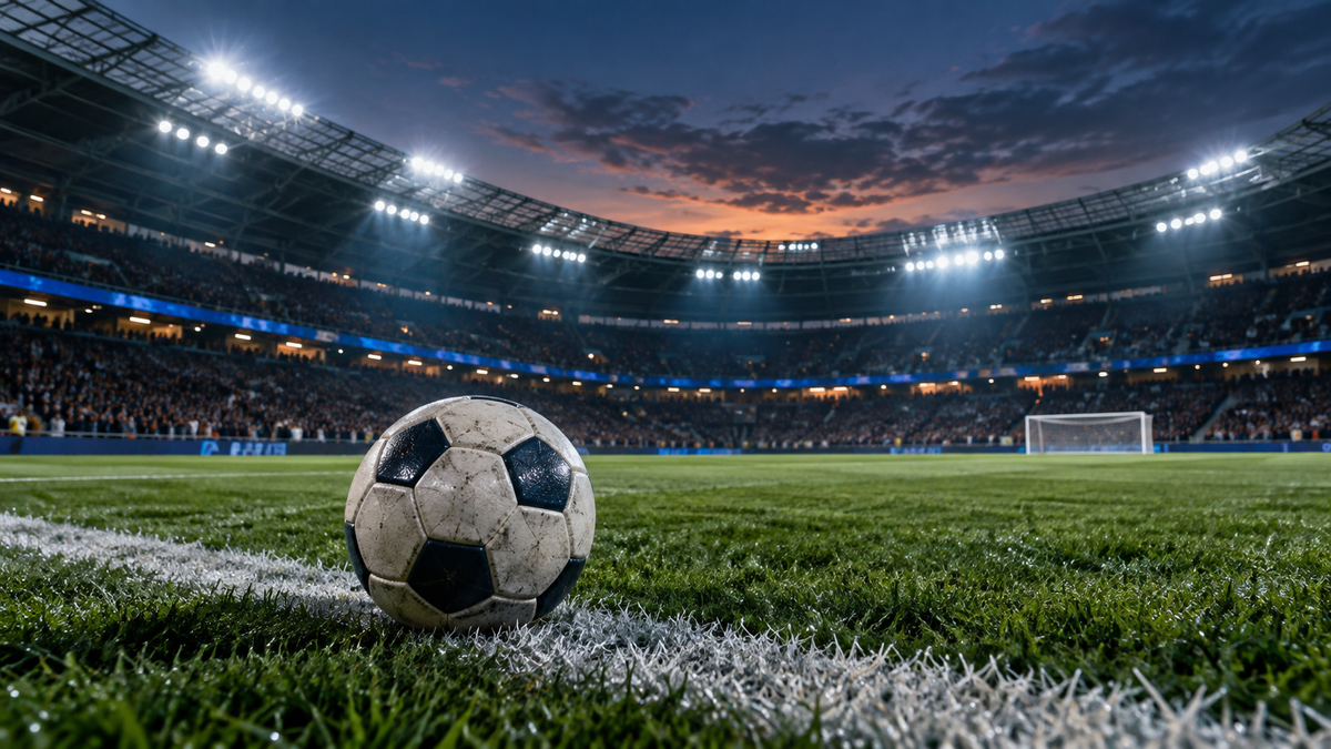 Football stadium prepared for a match under evening floodlights
