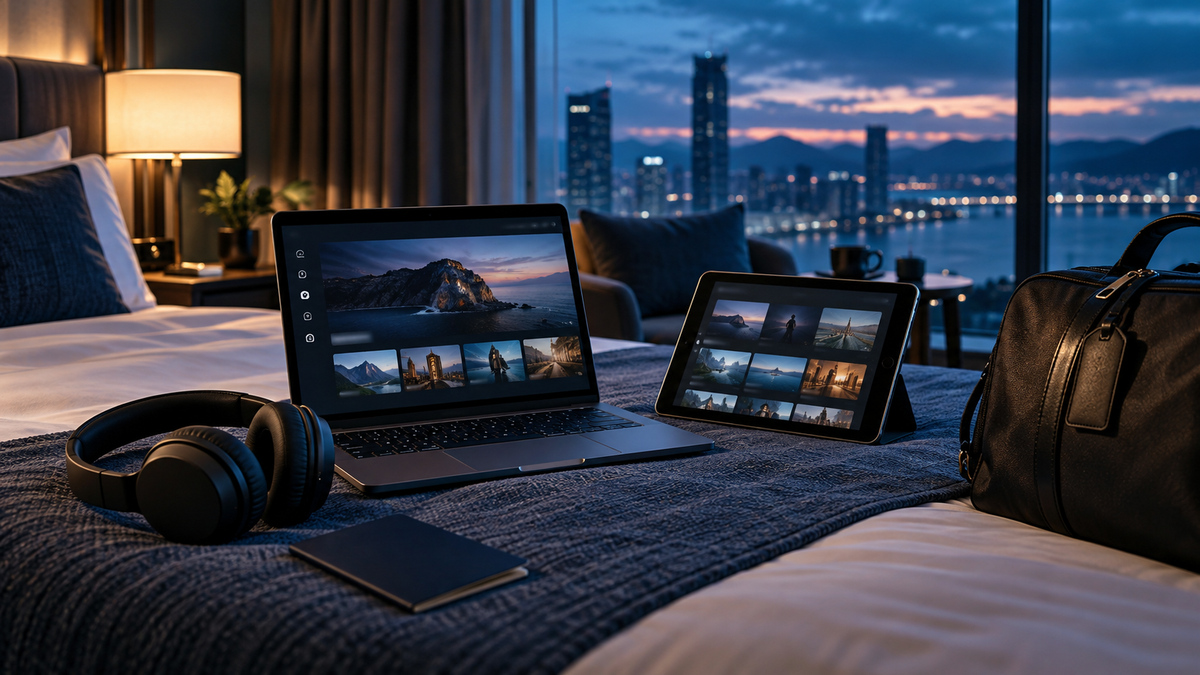 Streaming devices arranged in a hotel room for travel viewing